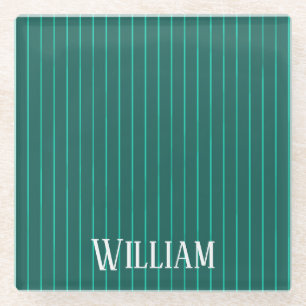 Teal pinstripes glass coaster
