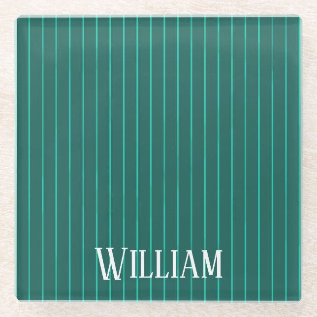 Teal pinstripes glass coaster (Front)