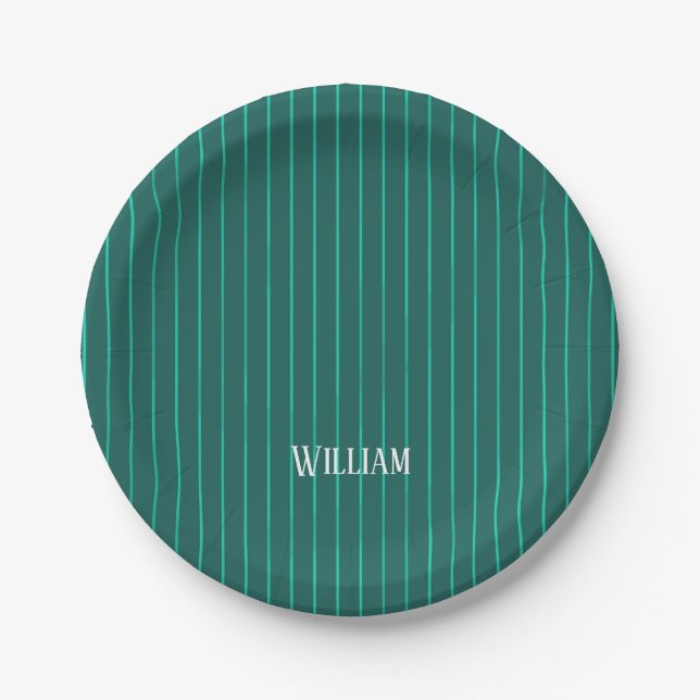 Teal pinstripes paper plate (Front)