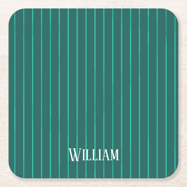 Teal pinstripes square paper coaster (Front)