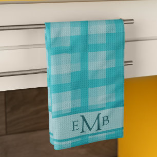 Teal Plaid Custom Monogram Initials Tea Towel