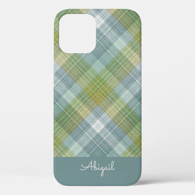 Teal Plaid Elegant Script Name Case-Mate iPhone Case (Back)