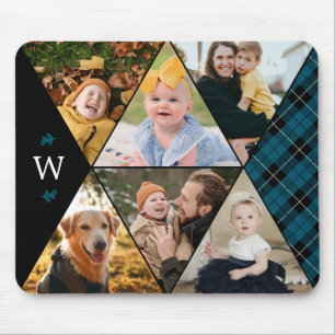 Teal Plaid Geometric Photo Collage Monogram Mouse Mat