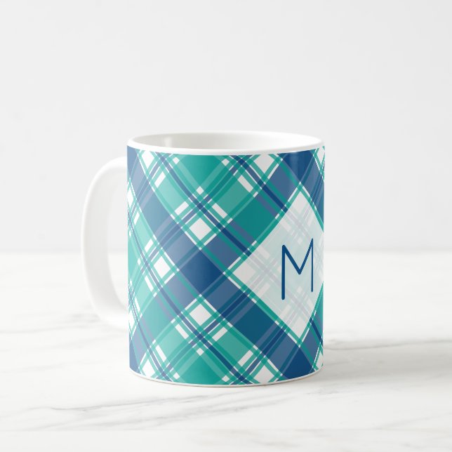 Teal Plaid Monogram Coffee Mug (Front Left)