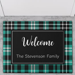 Teal Plaid Welcome Monogrammed Family Name  Doormat
