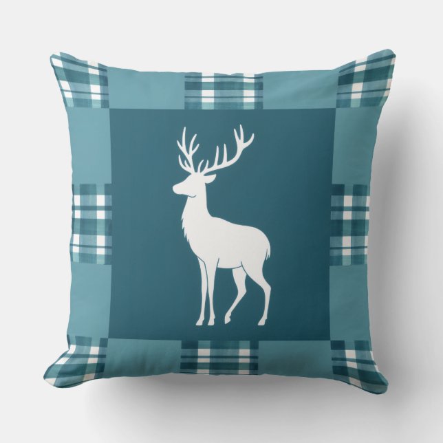 Teal Plaid with White Deer Silhouette Cushion (Front)