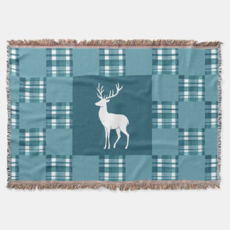 Teal Plaid with White Deer Silhouette Throw Blanket