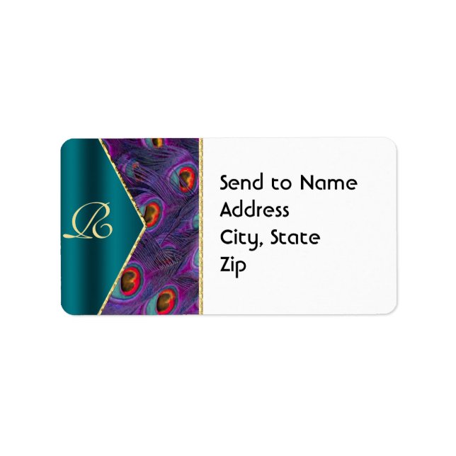 Teal Plum Peacock Monogram Address Label (Front)