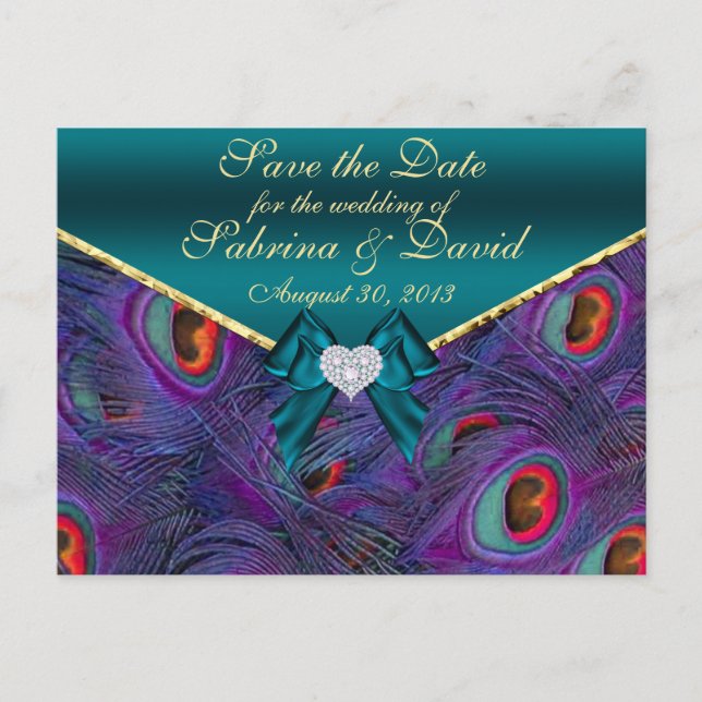 Teal Plum Peacock Save the Date Postcard (Front)