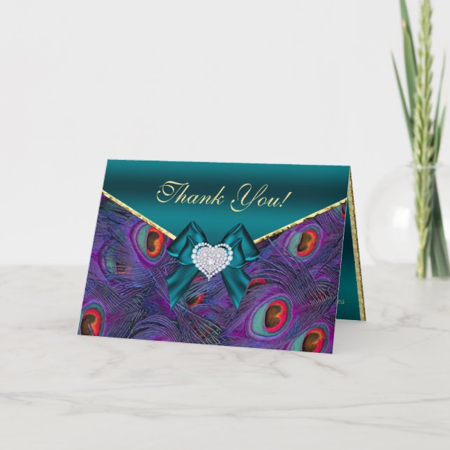 Teal Plum Peacock Thank You Card (Front)