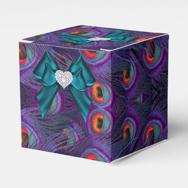 Teal Plum Peacock Wedding Favour Box (Front Side)