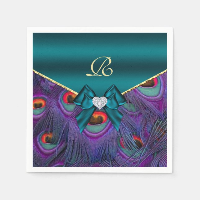 Teal Plum Peacock Wedding Paper Party Napkins (Front)