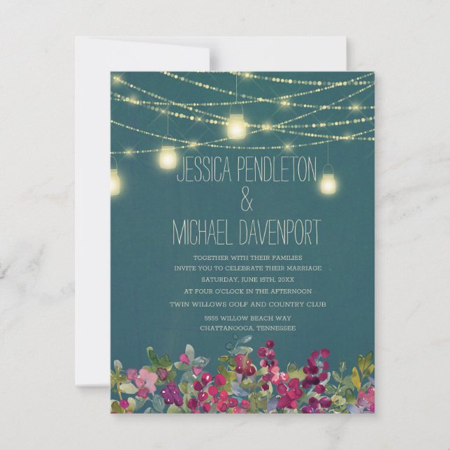 Teal Plum Purple Floral String Lights Wedding Invitation (Front)