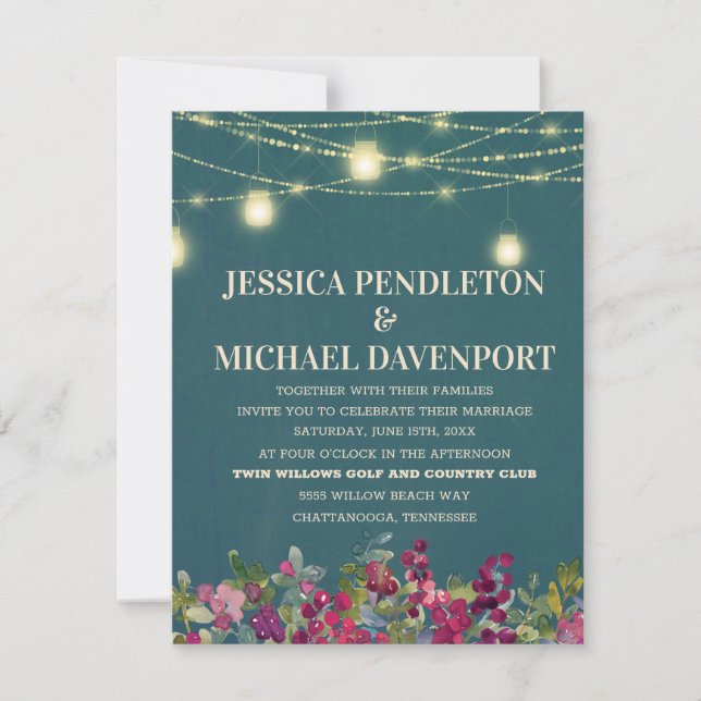 Teal Plum Purple Floral String Lights Wedding Invitation (Front)