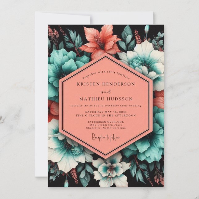 Teal Poetic Bloom Wedding Invitation (Front)