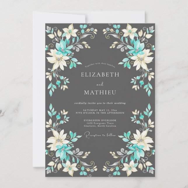 Teal Polished Floral Wedding Invitation (Front)