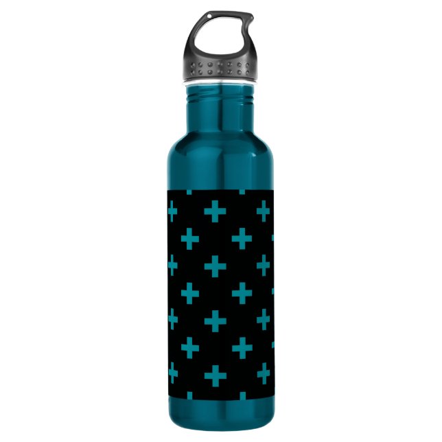 Teal polka crosses on black 710 ml water bottle (Front)
