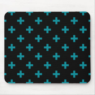 Teal polka crosses on black mouse mat