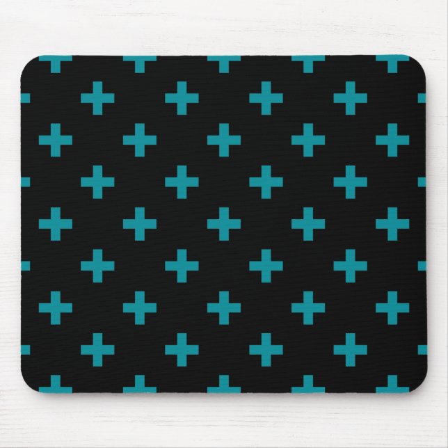 Teal polka crosses on black mouse mat (Front)