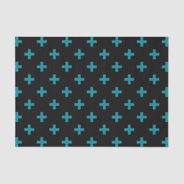 Teal polka crosses on black tissue paper (Front)