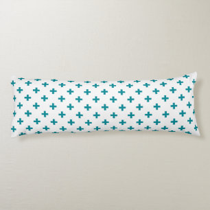 Teal polka crosses on white body cushion