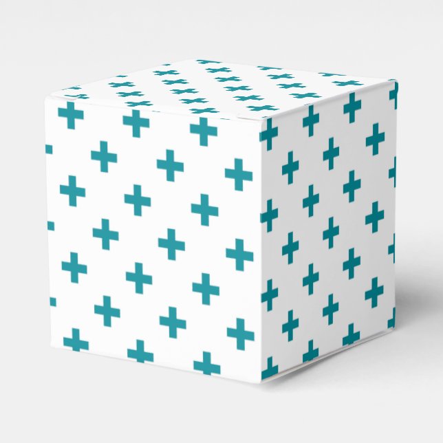 Teal polka crosses on white favour box (Front Side)