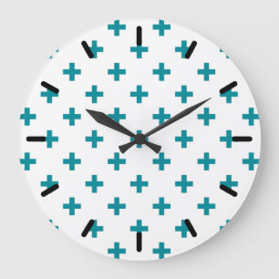 Teal polka crosses on white large clock