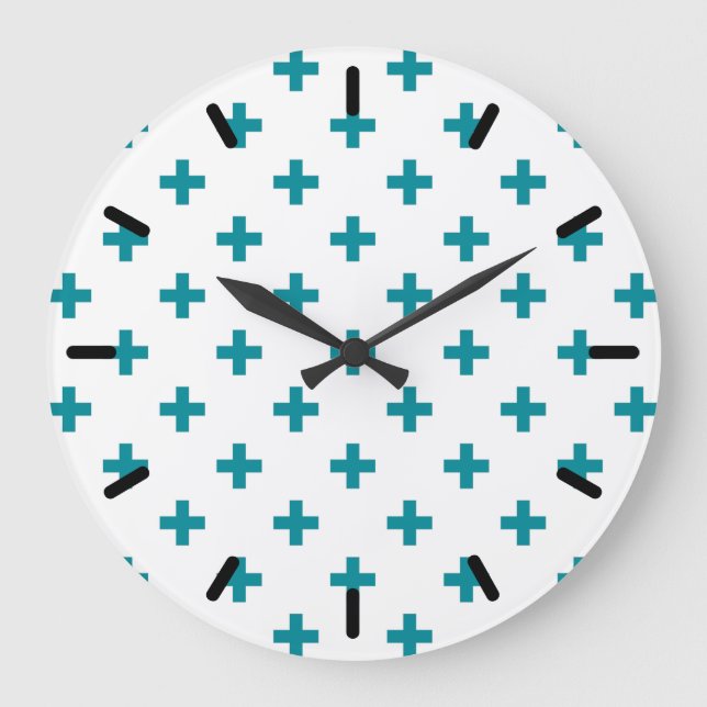 Teal polka crosses on white large clock (Front)