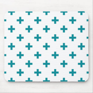 Teal polka crosses on white mouse mat