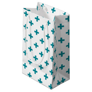 Teal polka crosses on white small gift bag