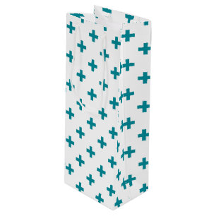Teal polka crosses on white wine gift bag