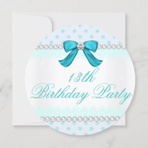 Teal polka dot, Girls 13th birthday party Invitation