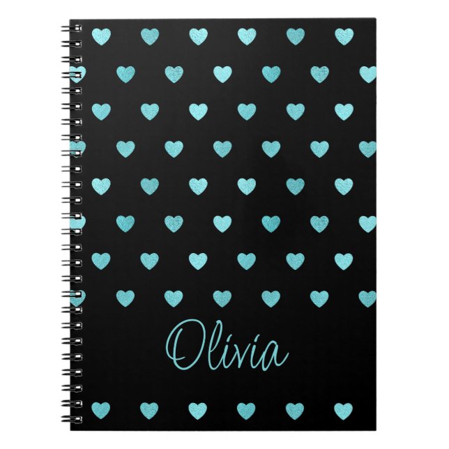Teal Polka Dot Hearts Personalised Black Notebook (Front)