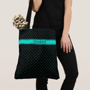 Teal Polka Dot Pattern on Black Custom Name Text Tote Bag