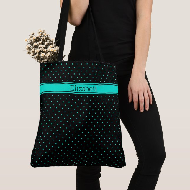 Teal Polka Dot Pattern on Black Custom Name Text Tote Bag (Close Up)