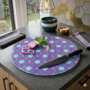 Teal Polka Dots on Purple Decorative Glass Cutting Board