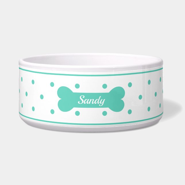 Teal Polka Dots On White With Dog Bone & Name (Front)
