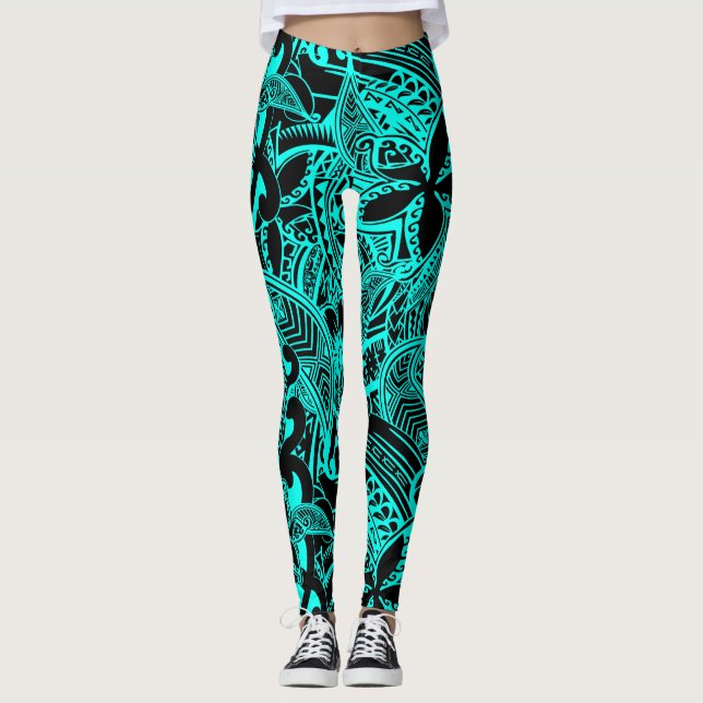 Teal Polynesian - Hawaiian Teal Tribal Designs Leggings (Front)