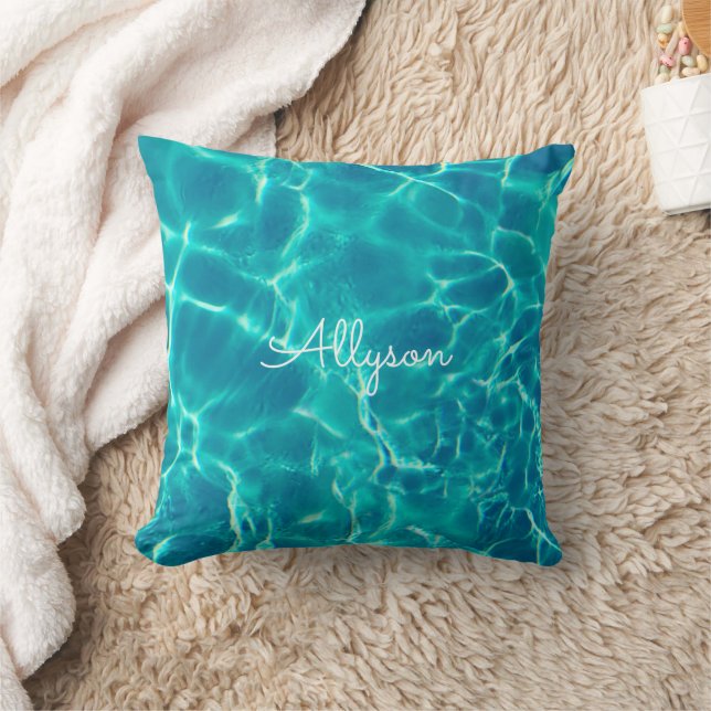 Teal Pool Water, White Name or Monogram Cushion (Blanket)