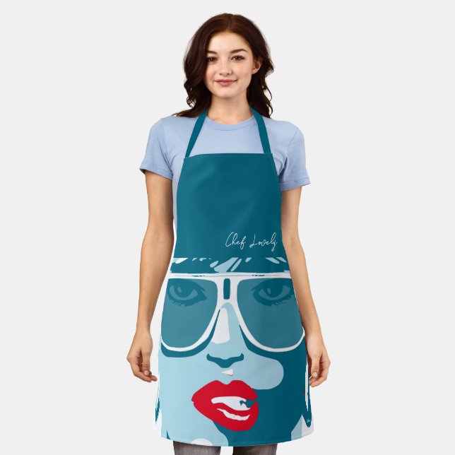 Teal Pop Art Pretty Woman Sunglasses Red Lips Apron (Worn)