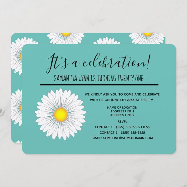 Teal Pretty Little Daisy 21st Birthday Party Invitation (Front/Back)
