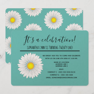 Teal Pretty Little Daisy 21st Birthday Party Invitation