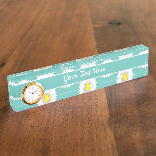 Teal Pretty Little Daisy Desk Nameplate with Clock (Side)