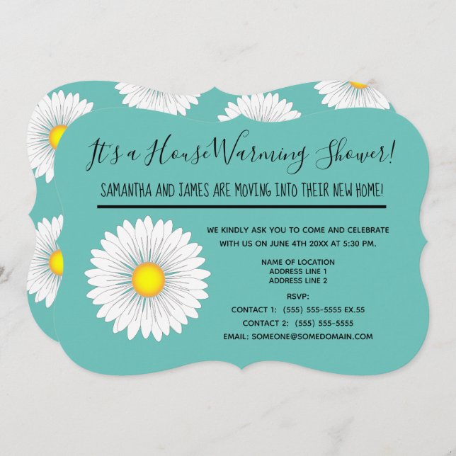 Teal Pretty Little Daisy House Warming Shower Invitation (Front/Back)