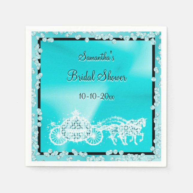 Teal Princess Coach & Horses Bridal Shower Napkin (Front)