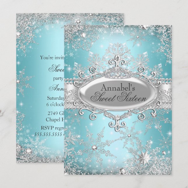 Teal Princess Winter Wonderland Sweet 16 Invite (Front/Back)
