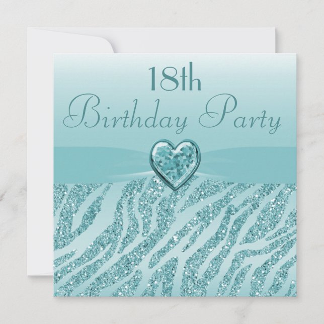 Teal Printed Heart & Zebra Glitter 18th Birthday Invitation (Front)