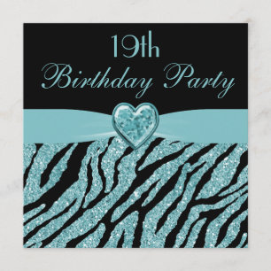 Teal Printed Heart & Zebra Glitter 19th Birthday Invitation