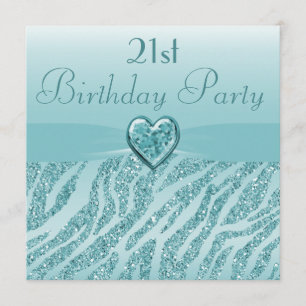 Teal Printed Heart & Zebra Glitter 21st Birthday Invitation