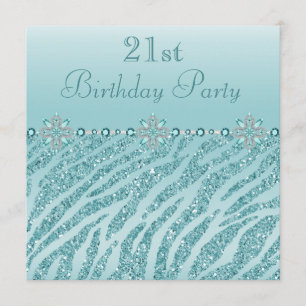 Teal Printed Jewels & Zebra Glitter 21st Birthday Invitation